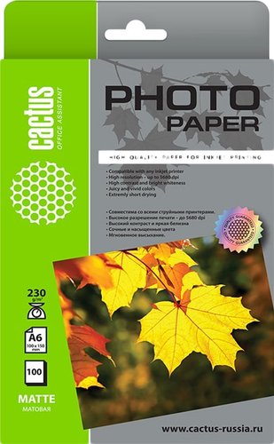 Бумага CACTUS Матовая 10x15 230 г/м2 100 листов CS-MA6230100
